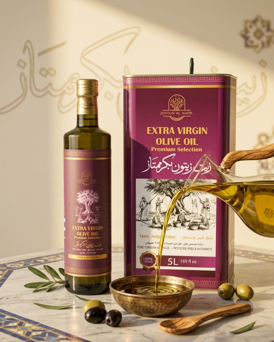 Zaytun Al Badr olive oil pouring on marble